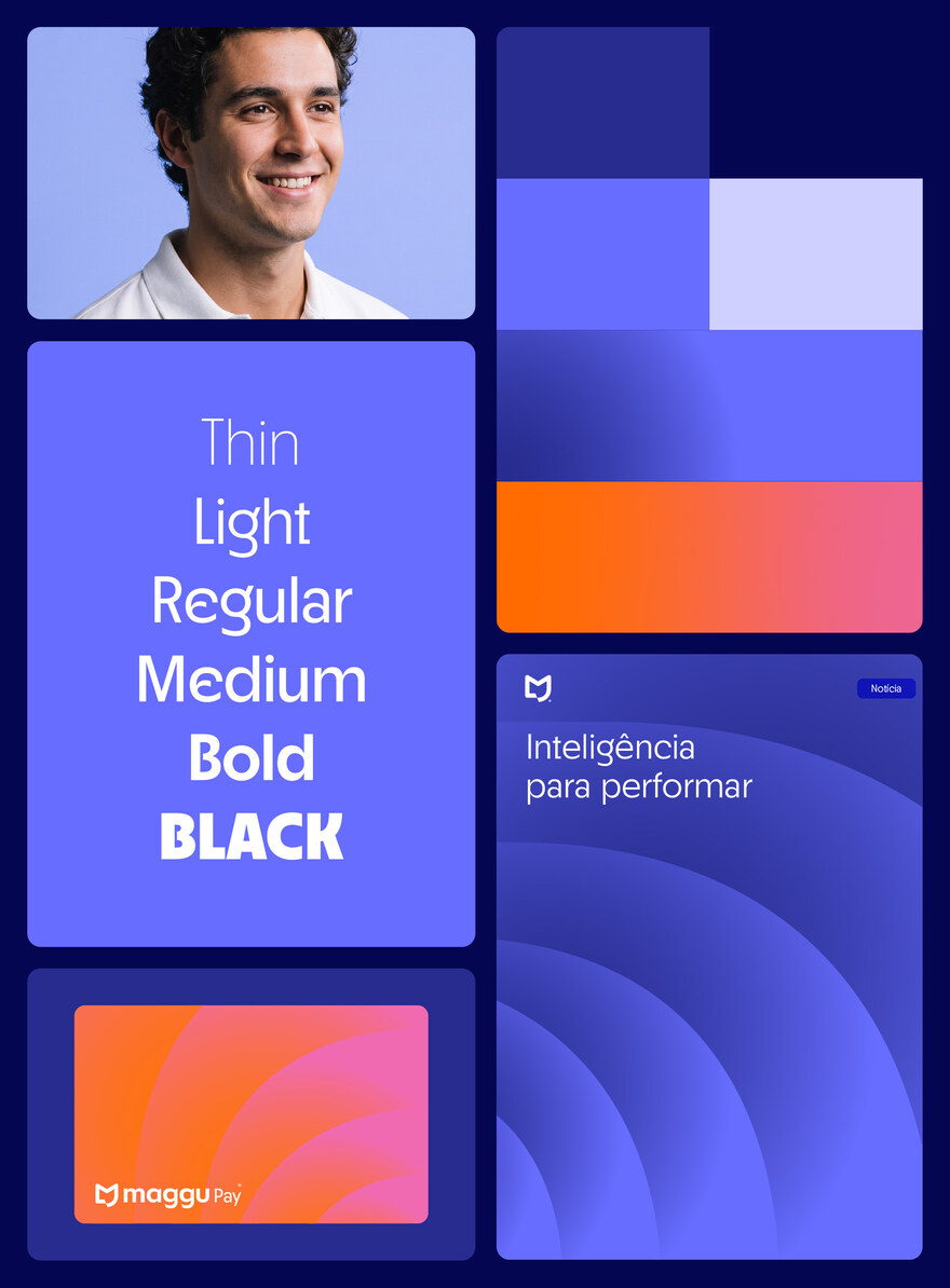Board do sistema visual Maggu: escala tipográfica, interface do app e o cartão Maggu Pay
