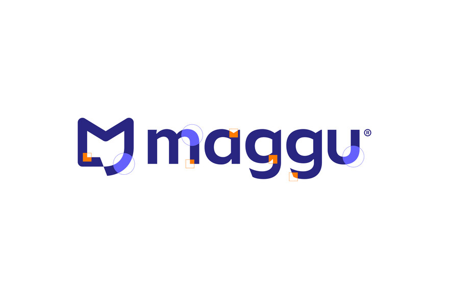 Logotipo Maggu em azul sobre fundo claro, com os grafismos da marca