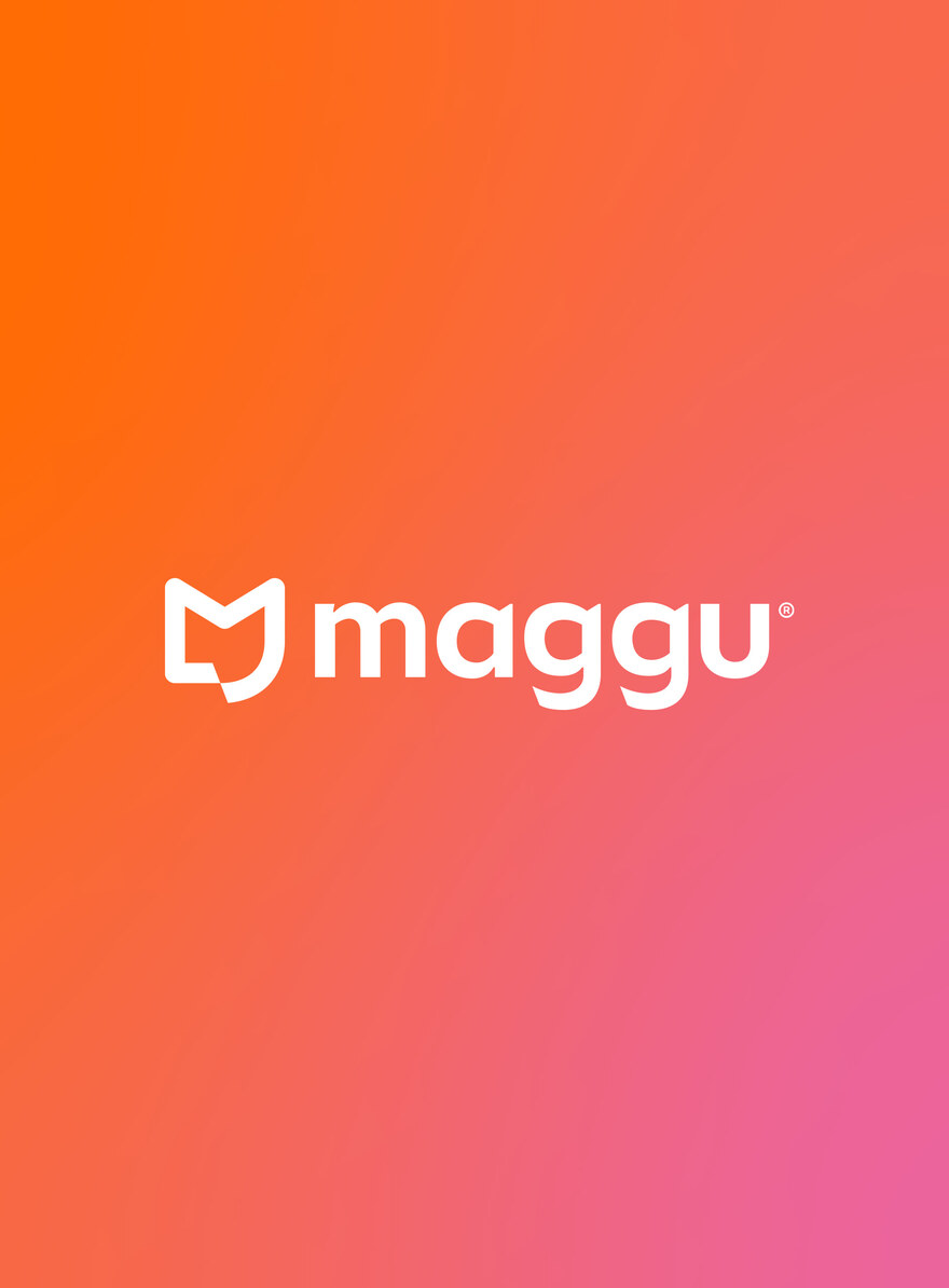 Logotipo Maggu em branco sobre degradê laranja e rosa