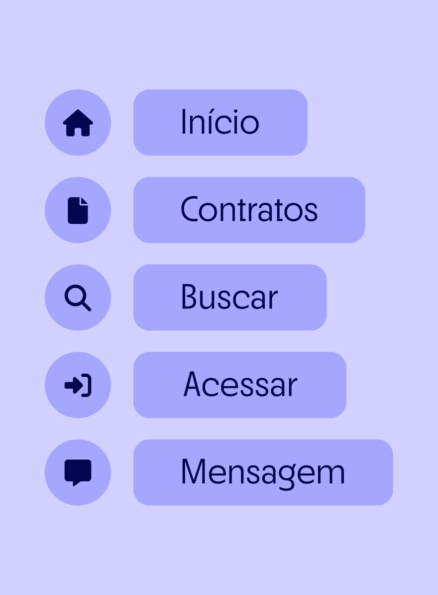 Kit de interface do app Maggu com botões Início, Contratos, Buscar, Acessar e Mensagem