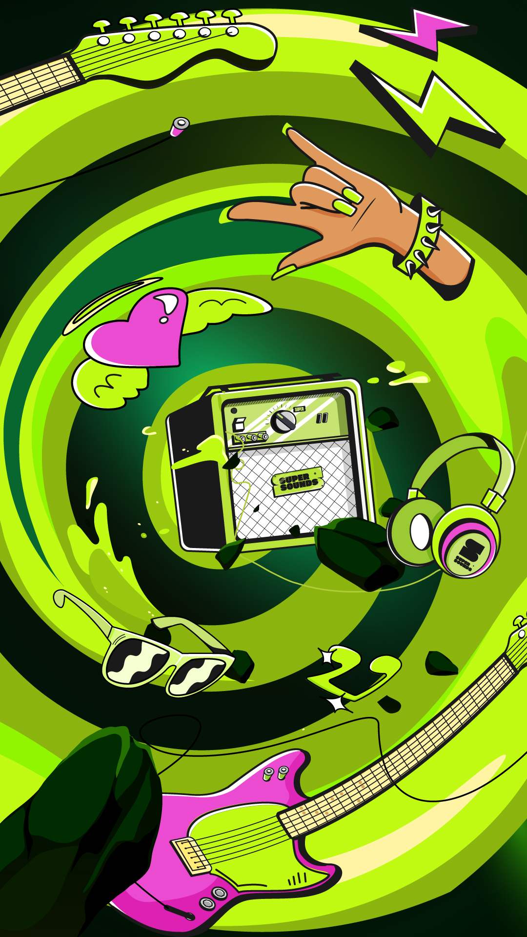 Frame do filme: espiral de liquid motion verde com guitarras, coração alado, headphone e mão de rock orbitando o amplificador Super Sounds